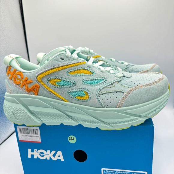 NWT Hoka Clifton Leather Embroidery UNISEX Shoes blue glass radiant yellow NEW - Picture 7 of 16